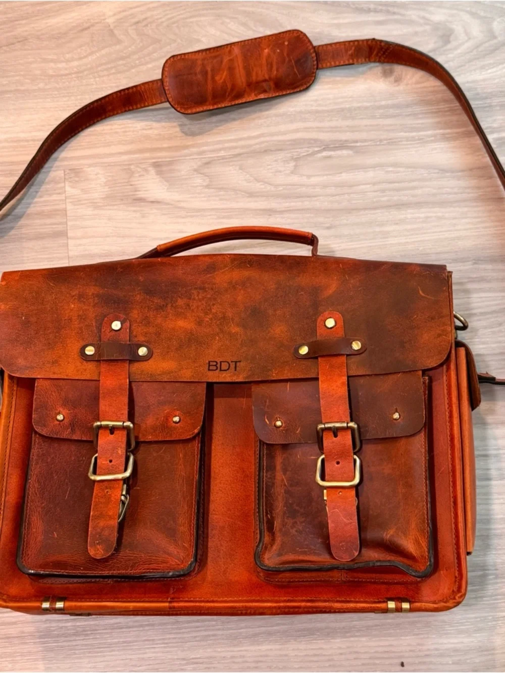 Kalating London Plane Leather Briefcase Burnt Orange Satchel Bag with pockets